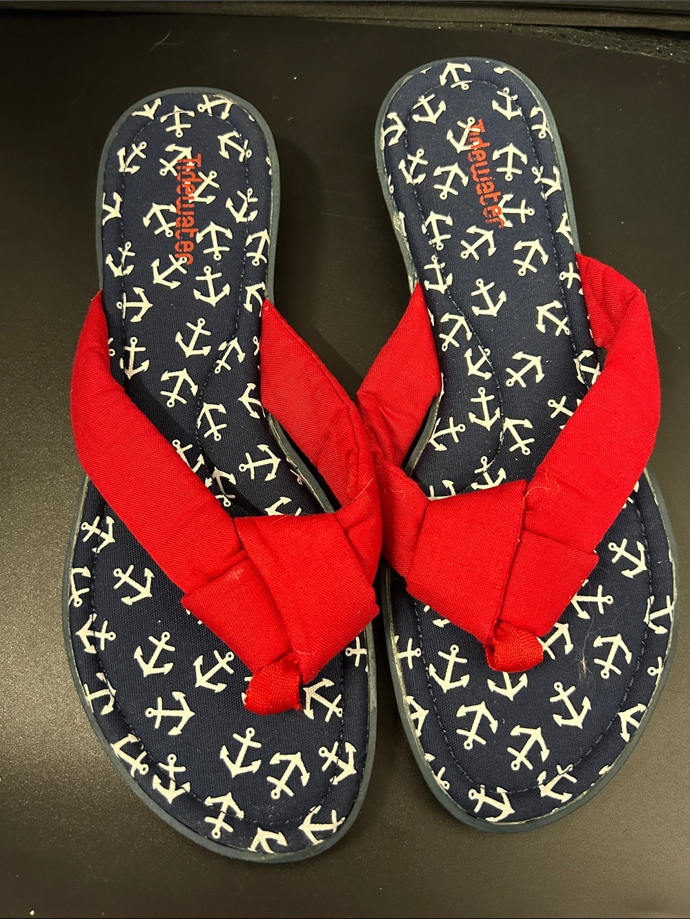 Tidewater blue anchor flip flops with red knots